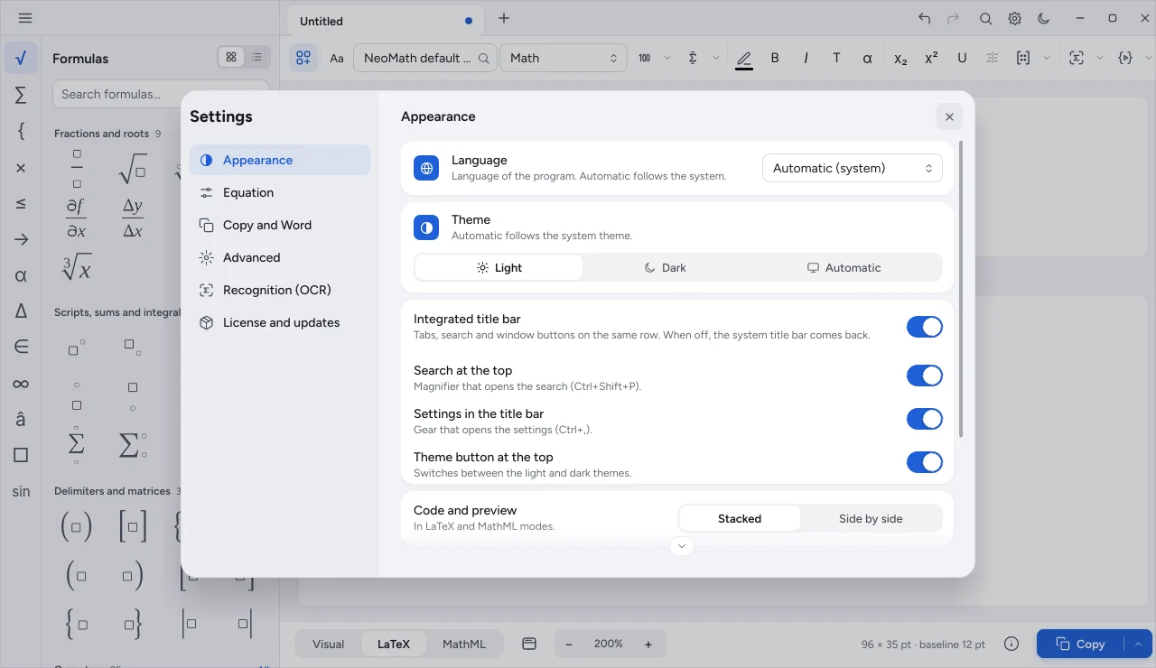 NeoMath settings with appearance, equation and advanced