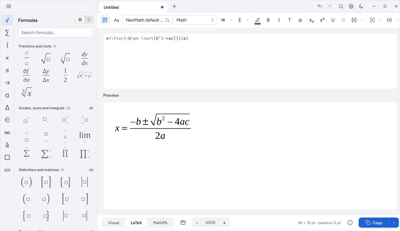 NeoMath in LaTeX mode, with the colored code on top and the equation preview below.