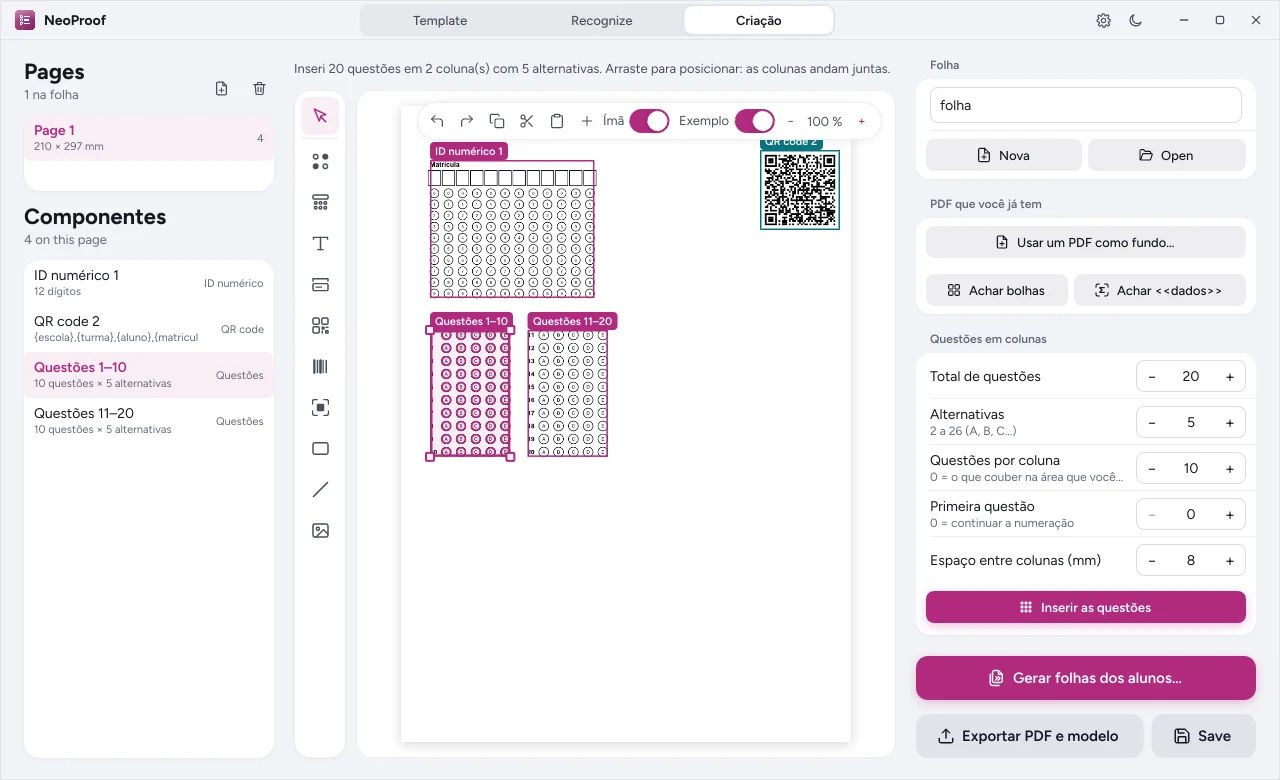 NeoProof Creation tab with an answer sheet built: numeric ID, QR code and two columns of questions.
