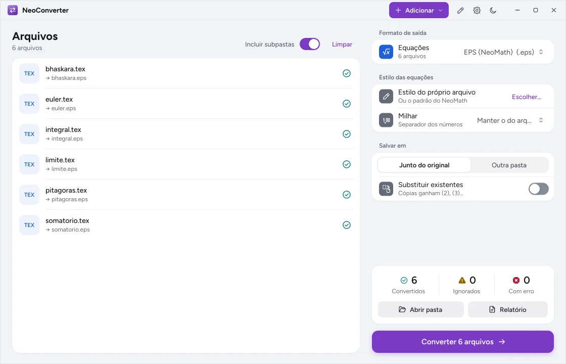 NeoConverter com resultado de um lote